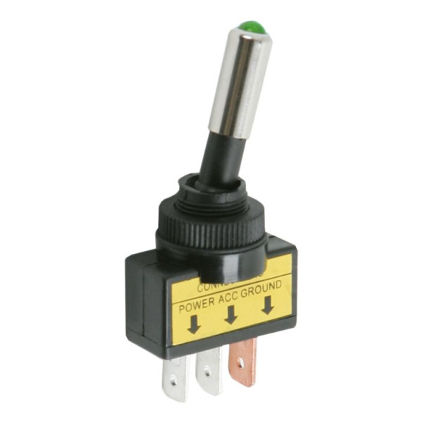 Intretupator cu 2 pozitii OFF-ON, 1 circuit, iluminat cu bec verde de 12 V, negru 20A-12VDC ǀ 09058ZO