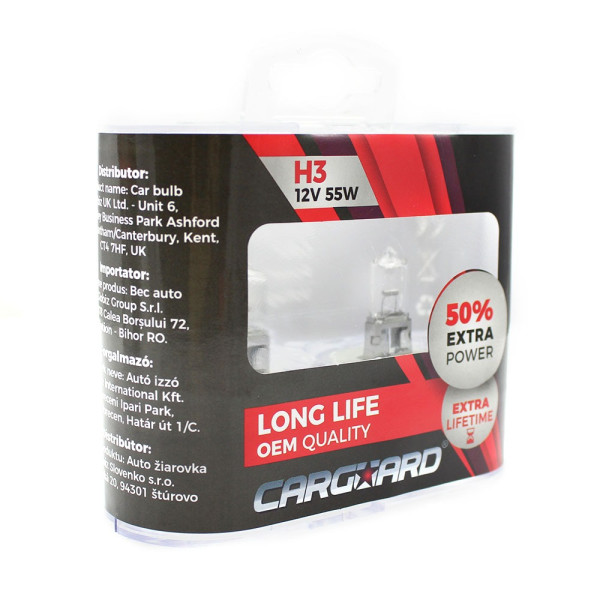 Set de 2 becuri Halogen H3, 55W +50% Intensitate - LONG LIFE - CARGUARD ǀ BHA012