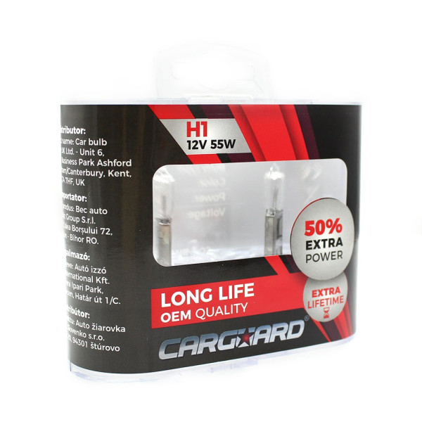 Set de 2 becuri Halogen H1, 55W, +50% Intensitate - LONG LIFE - CARGUARD ǀ BHA011