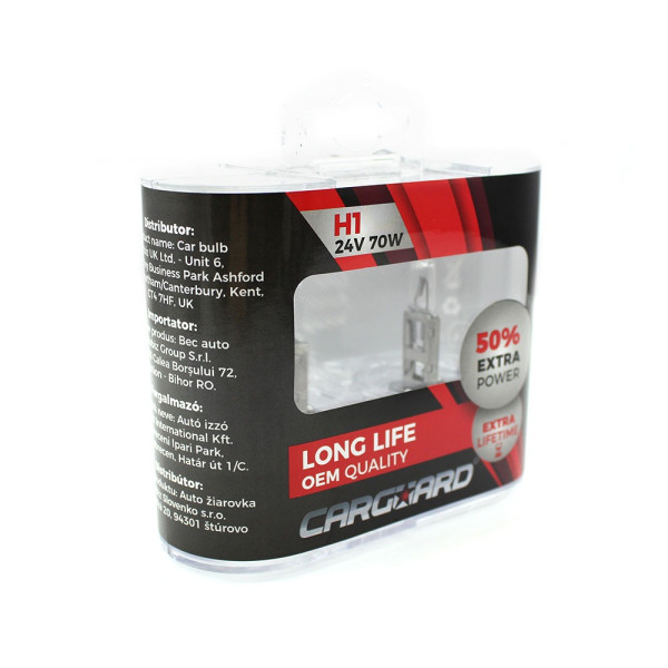 Set de 2 becuri Halogen 24V - H1, 70W, +50% Intensitate - LONG LIFE - CARGUARD ǀ BHA041