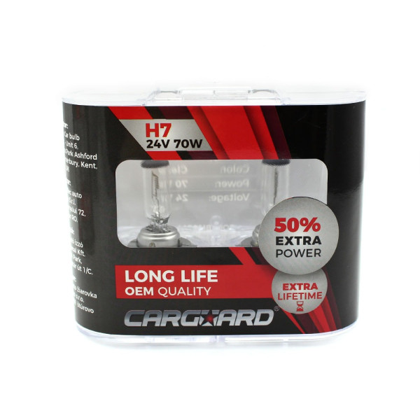 Set de 2 becuri Halogen 24V - H7, 70W, +50% Intensitate - LONG LIFE - CARGUARD ǀ BHA044