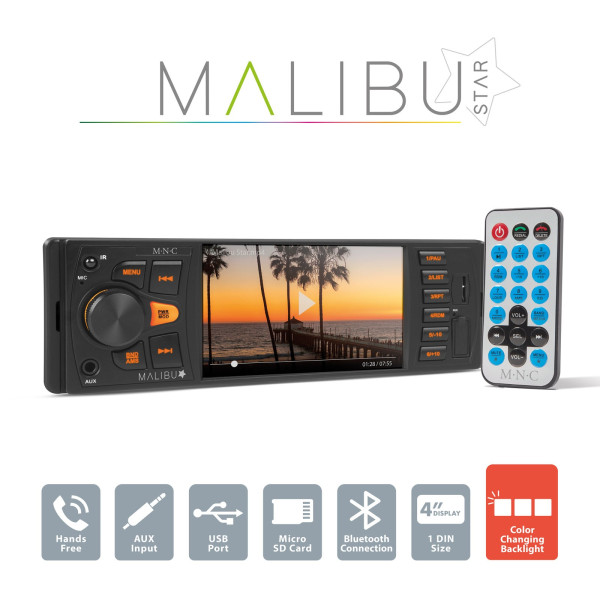 Unitate principala multimedia „Malibu Star” - 1 DIN - 4 x 50 W - BT - MP3 - AUX - SD - USB ǀ 39751