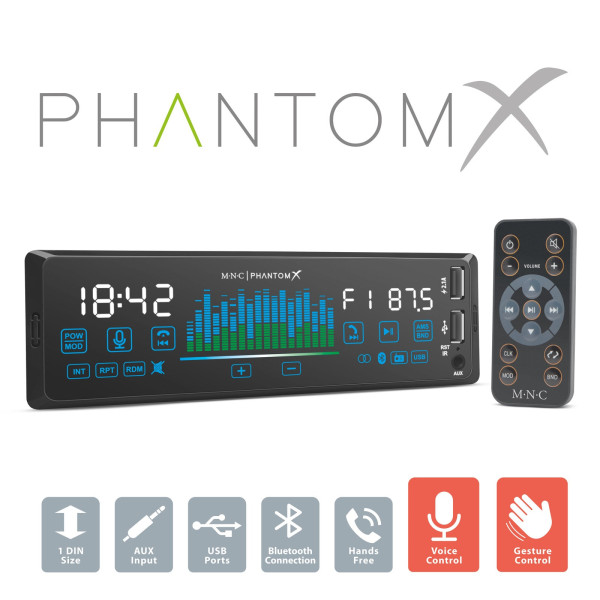 Player auto „PhantomX” - 1 DIN - 4 x 50 W - versiune gestuala - BT - MP3 - AUX - USB ǀ 39752