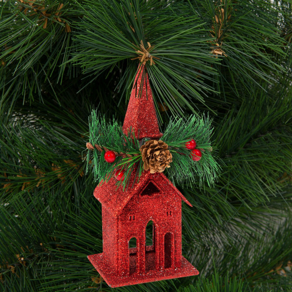 Ornament de brad cu agatatoare - biserica - 16 x 6.5 cm - rosie ǀ 58677A