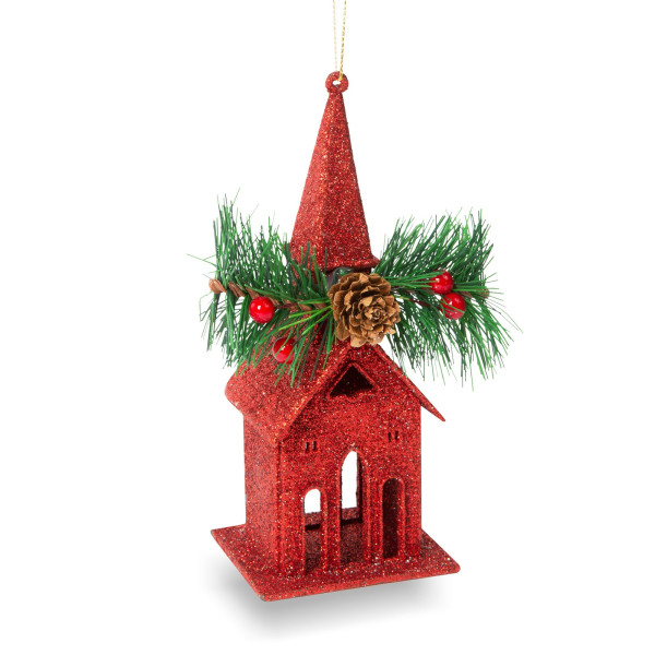 Ornament de brad cu agatatoare - biserica - 16 x 6.5 cm - rosie ǀ 58677A - imagine 2