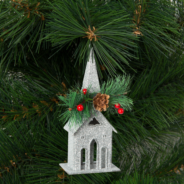 Ornament de brad cu agatatoare - biserica - 16 x 6.5 cm - argintie ǀ 58677B