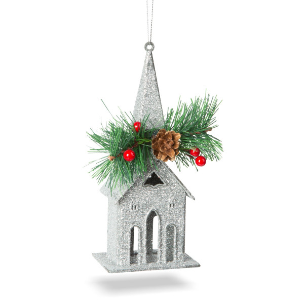 Ornament de brad cu agatatoare - biserica - 16 x 6.5 cm - argintie ǀ 58677B - imagine 2