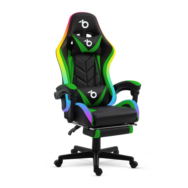 Scaun gamer RGB LED - cu cotiere, perna - negru/verde ǀ BMD1115GR