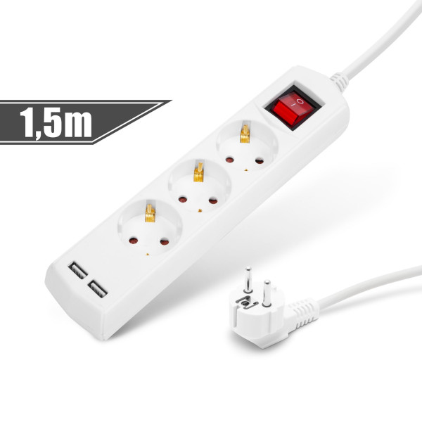 Prelungitor 3 - 3 x 1,5 mm - 1,5 m - cu 2 x USB - cu buton ǀ 20221U