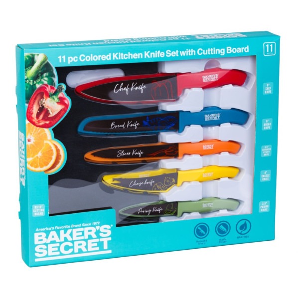 Set 5 cutite de bucatarie colorate cu placa de taiat Baker's Secret ǀ DA00993